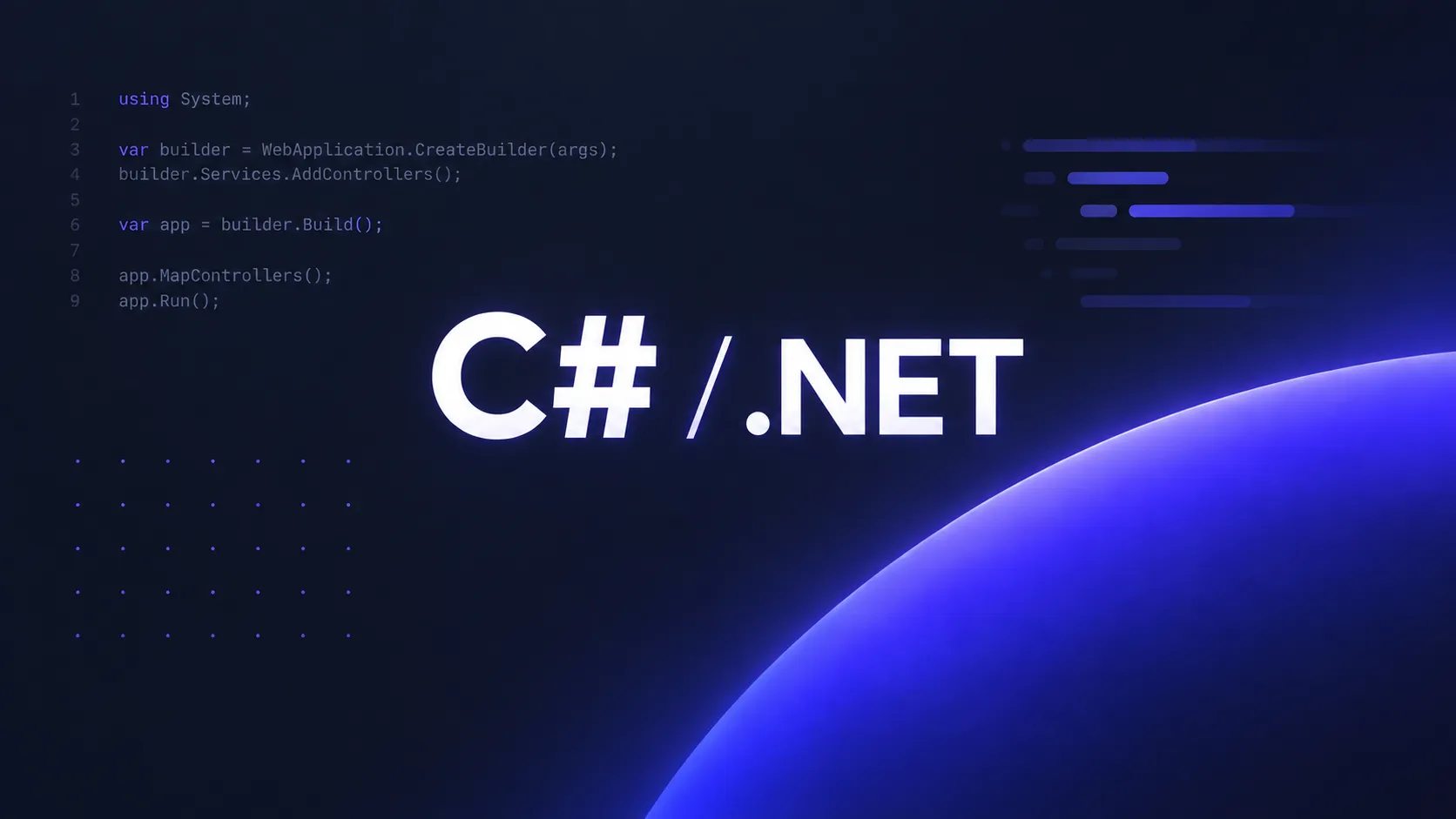 C# / .NET na granatowym tle z kodem i fioletową poświatą