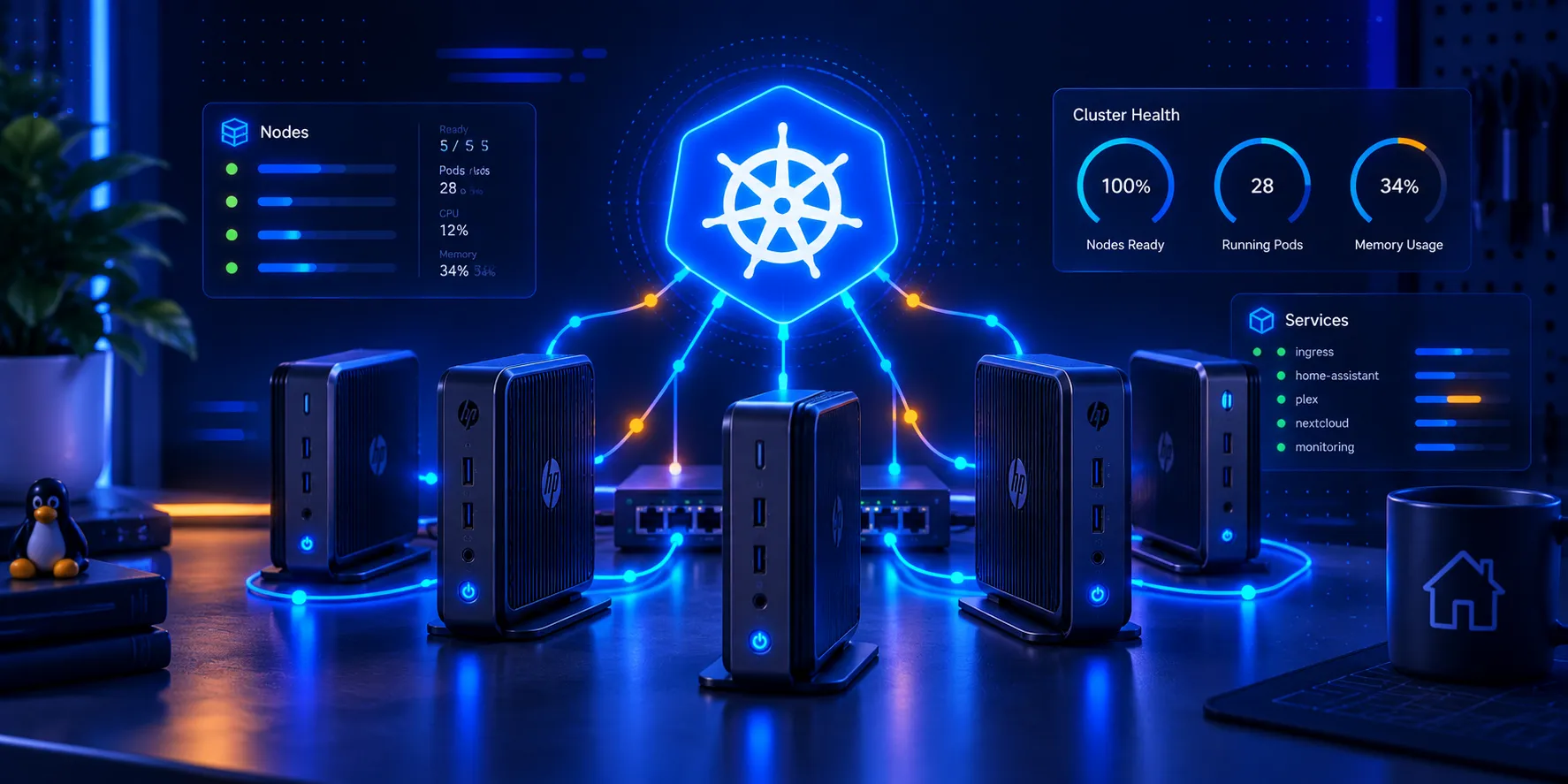 Domowy klaster z pięciu minikomputerów, logo Kubernetes i panele monitorowania usług.